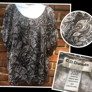 C.O.DANIELS Gray Peacock Feather Blouse Top 2X